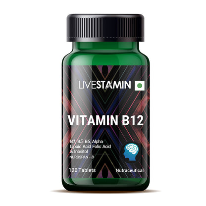 LIVESTAMIN VITAMIN B12 SUPPLEMENT WITH ALA, FOLIC ACID & INOSITOL | 120 TABLETS